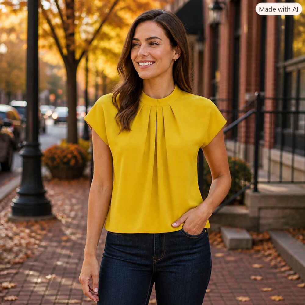 Worthington Yellow Mockneck Pleated Blouse – Fall Style, Size S